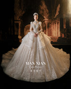 Couture Luxury Beaded Lace Wedding Dress with High Neck & Train | Princess Ball Gown Bridal Gown