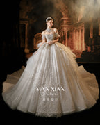 Regal Off-Shoulder Beaded Ball Gown Wedding Dress with Statement Collar & Cathedral Train