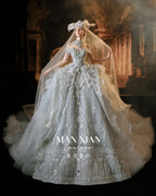 Celestial Off-Shoulder Beaded Ball Gown Wedding Dress with Cathedral Train & Moon Motifs