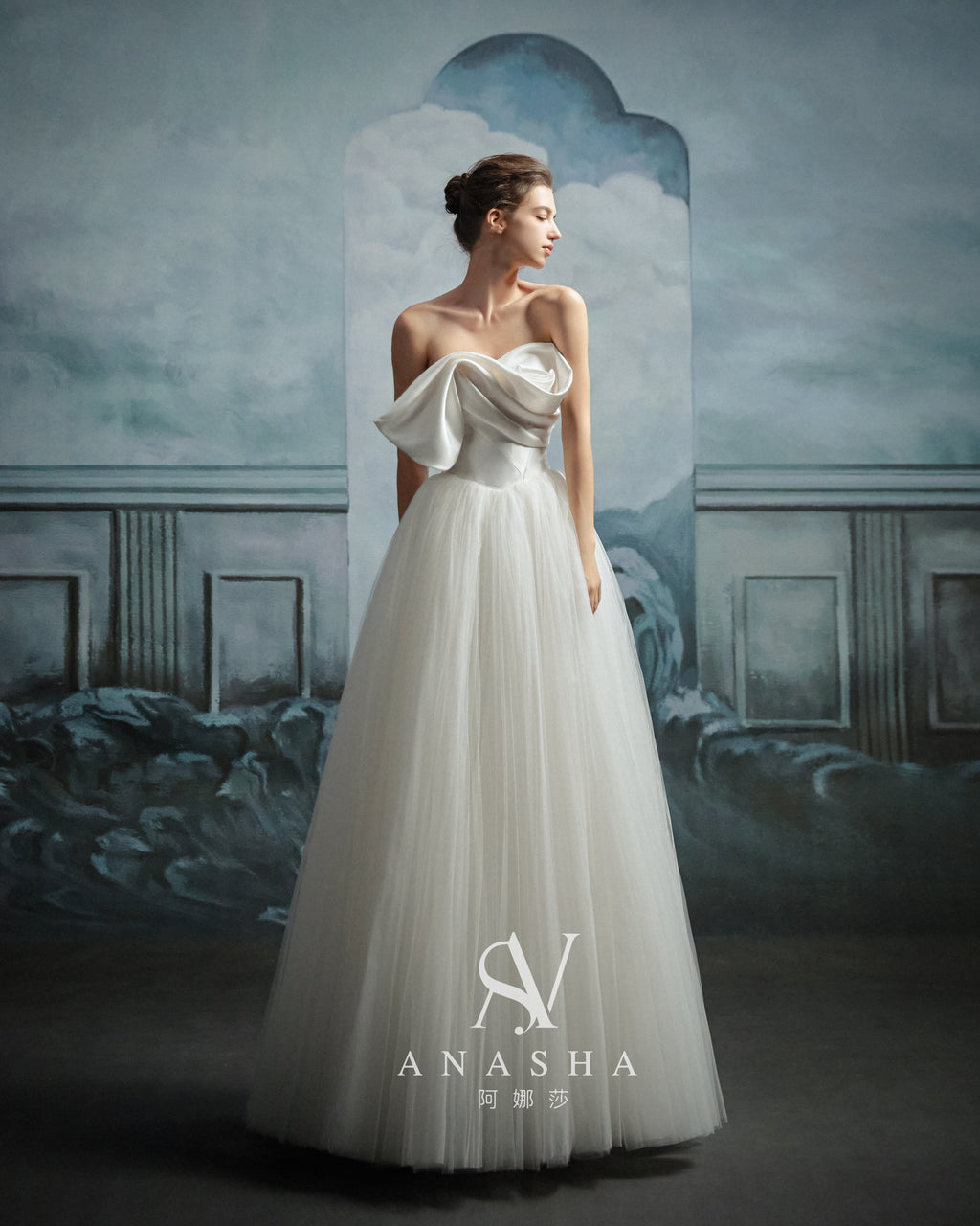 Modern Strapless Satin Bow Ball Gown Wedding Dress with Tulle Skirt & Chapel Train
