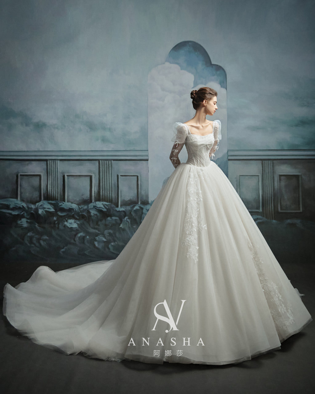 Romantic Square Neck Lace Ball Gown Wedding Dress with Cathedral Train & Puff Sleeves