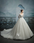 Romantic Square Neck Lace Ball Gown Wedding Dress with Cathedral Train & Puff Sleeves