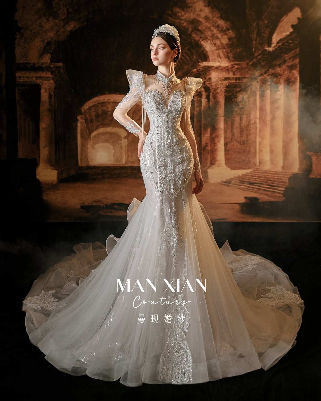 Ethereal Crystal Beaded Mermaid Wedding Dress with Cathedral Train & Statement Collar