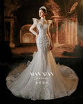 Ethereal Crystal Beaded Mermaid Wedding Dress with Cathedral Train & Statement Collar