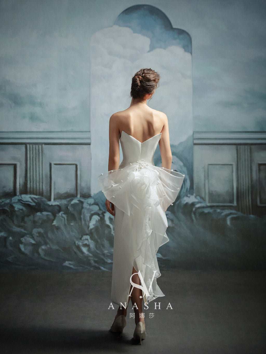 Modern Strapless Satin Mermaid Wedding Dress with Asymmetric Tulle Train & Lace Detailing