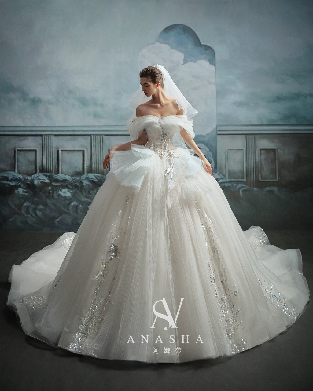 Ethereal Off-Shoulder Crystal Ball Gown Wedding Dress with Cathedral Train & Cloud Appliqués