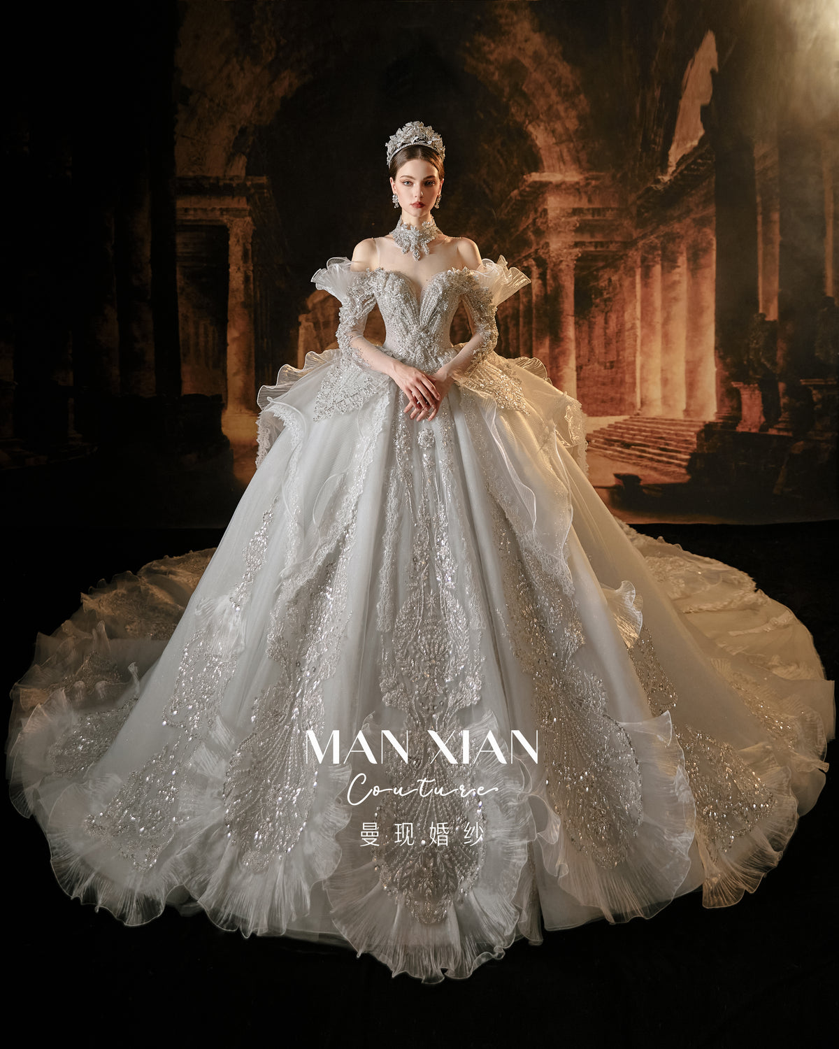Regal Off-Shoulder Ruffled Ball Gown Wedding Dress with Cathedral Train & Crystal Beading