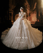 Couture Luxury Beaded Lace Wedding Dress with High Neck & Train | Princess Ball Gown Bridal Gown