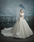 Romantic Square Neck Lace Ball Gown Wedding Dress with Cathedral Train & Puff Sleeves