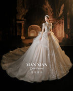 Couture Luxury Beaded Lace Wedding Dress with High Neck & Train | Princess Ball Gown Bridal Gown