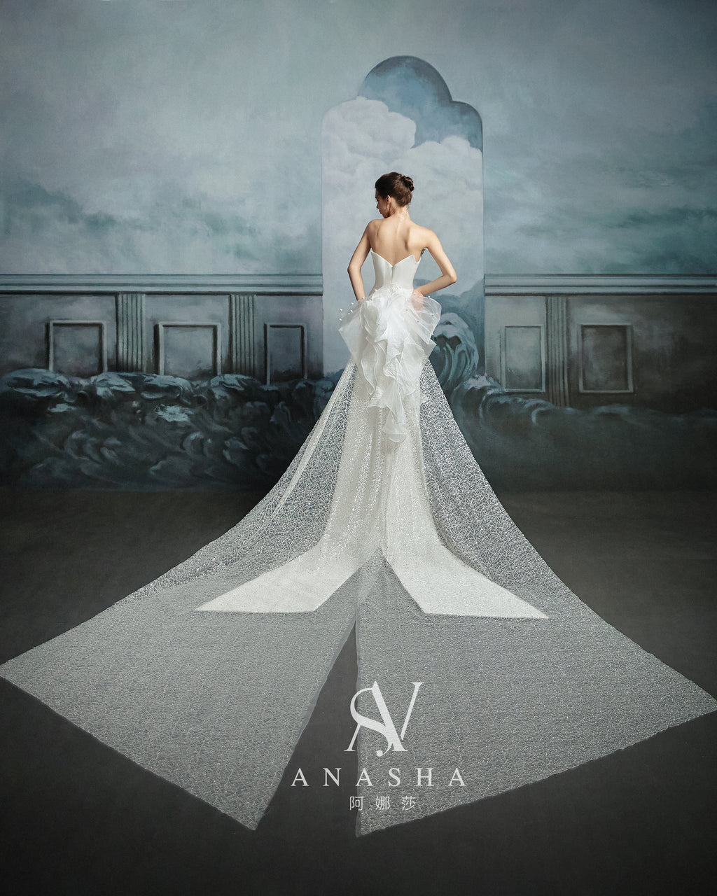 Modern Strapless Satin Mermaid Wedding Dress with Asymmetric Tulle Train & Lace Detailing