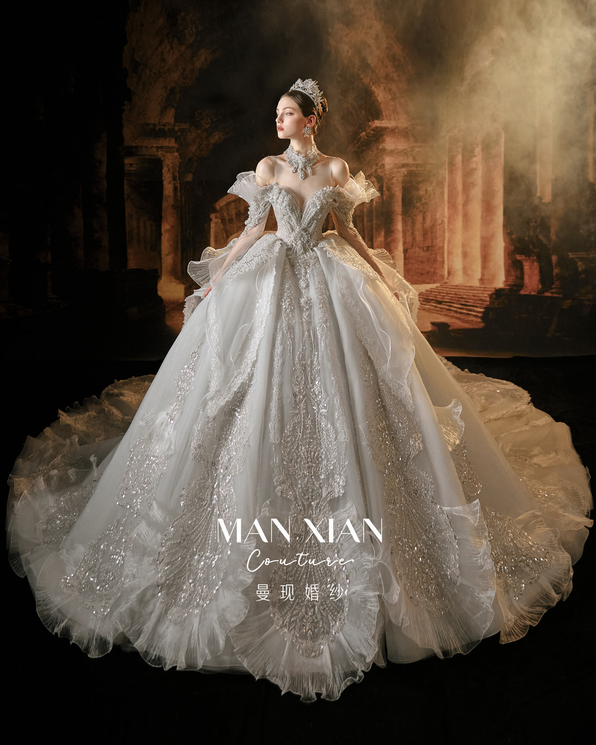 Regal Off-Shoulder Ruffled Ball Gown Wedding Dress with Cathedral Train & Crystal Beading