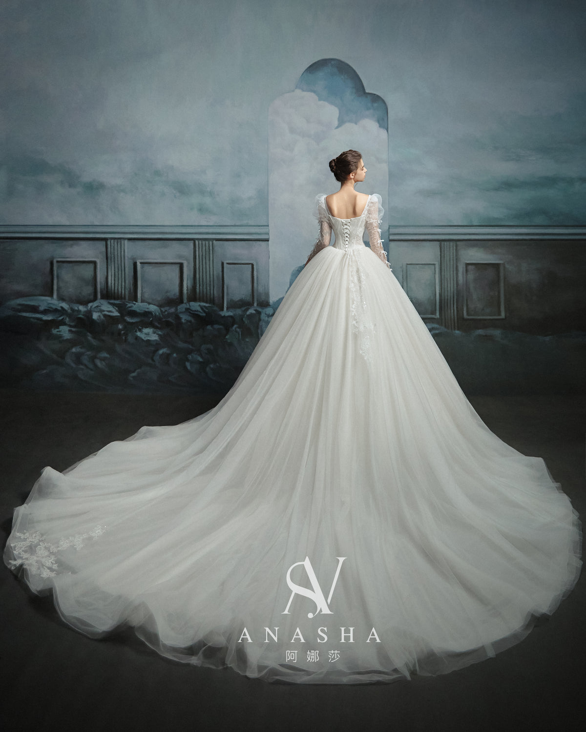 Romantic Square Neck Lace Ball Gown Wedding Dress with Cathedral Train & Puff Sleeves