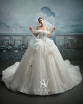 Ethereal Off-Shoulder Crystal Ball Gown Wedding Dress with Cathedral Train & Cloud Appliqués