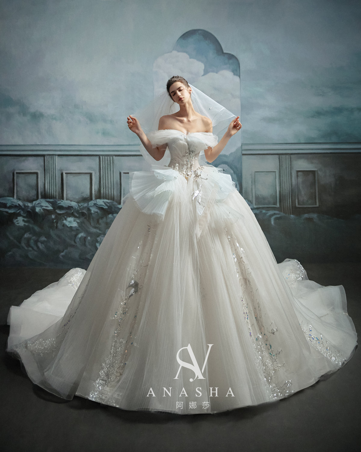 Ethereal Off-Shoulder Crystal Ball Gown Wedding Dress with Cathedral Train & Cloud Appliqués
