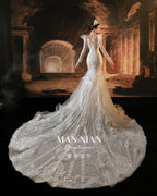 Ethereal Crystal Beaded Mermaid Wedding Dress with Cathedral Train & Statement Collar