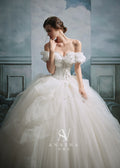 Romantic Off-Shoulder Ruffled Ball Gown Wedding Dress with Chapel Train & Crystal Detailing