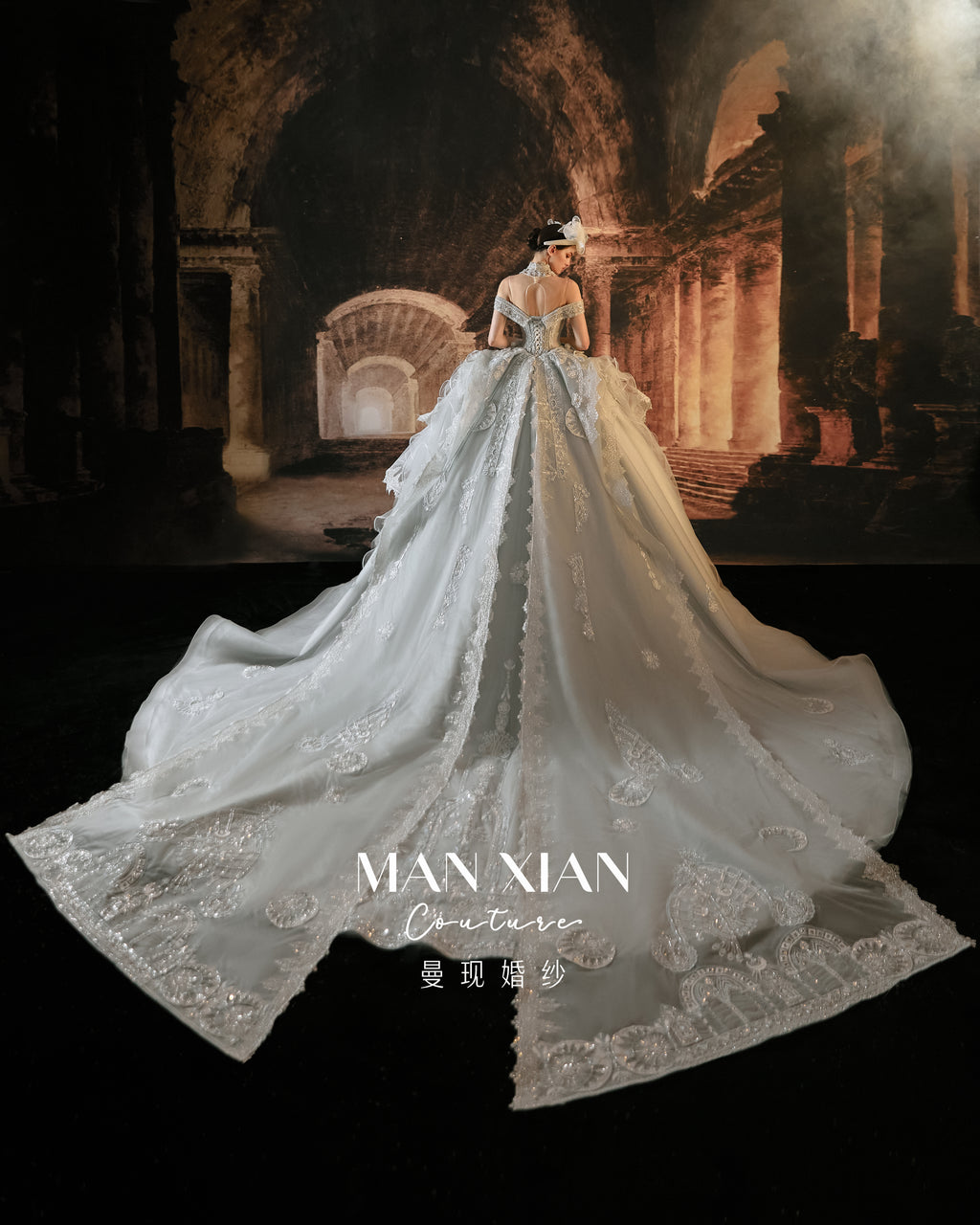Celestial Off-Shoulder Beaded Ball Gown Wedding Dress with Cathedral Train & Moon Motifs