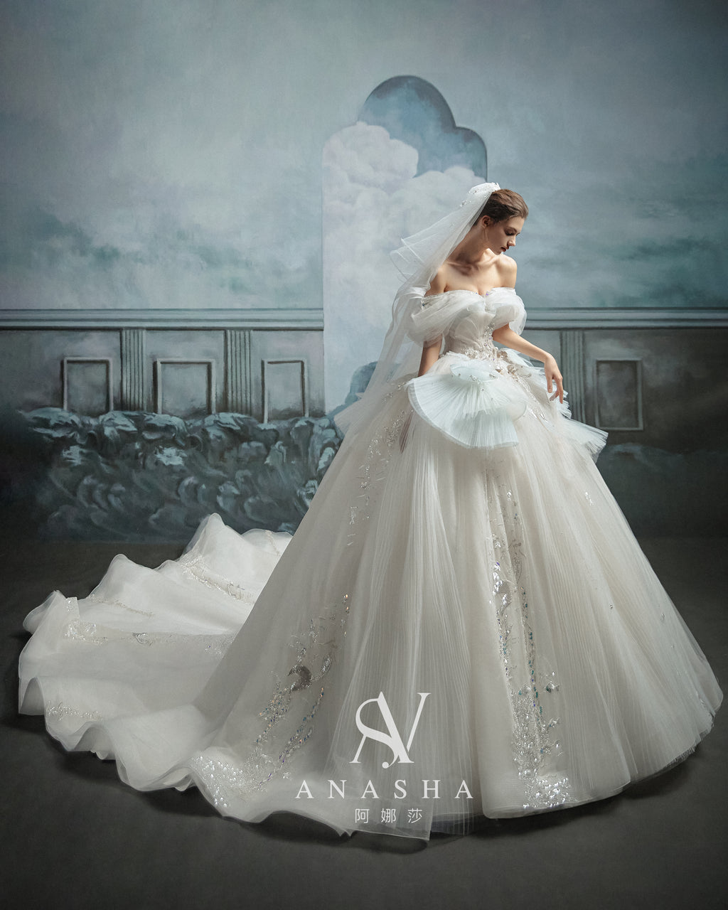 Ethereal Off-Shoulder Crystal Ball Gown Wedding Dress with Cathedral Train & Cloud Appliqués