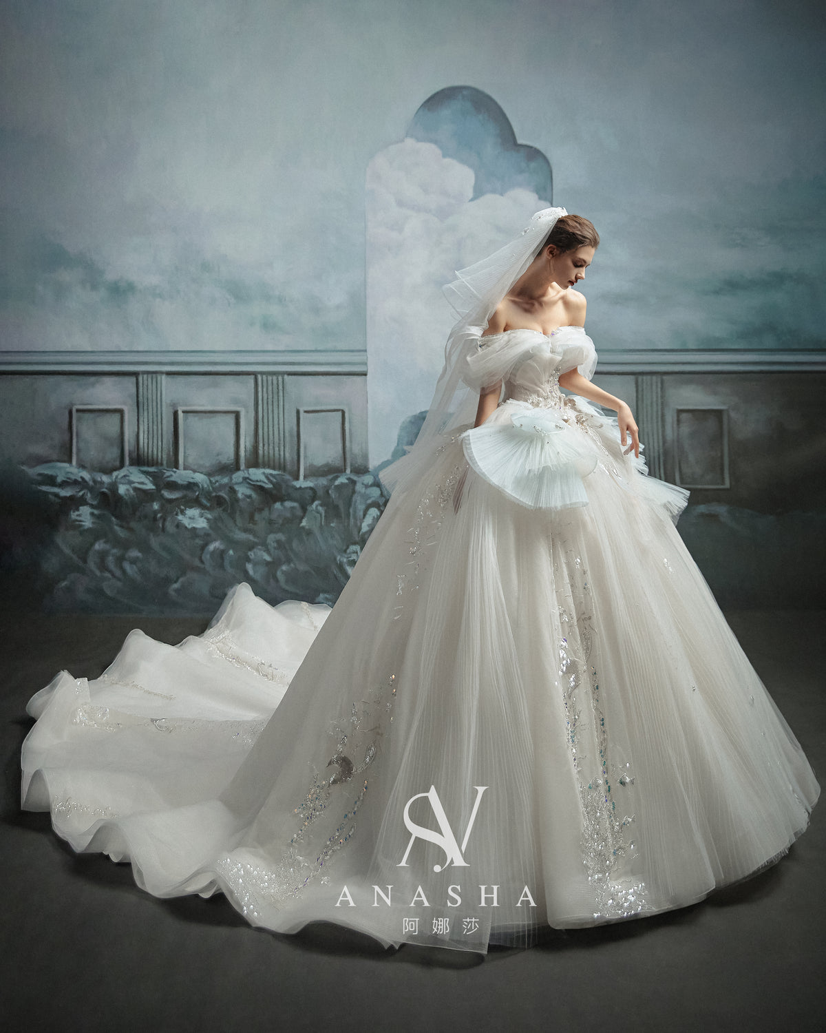 Ethereal Off-Shoulder Crystal Ball Gown Wedding Dress with Cathedral Train & Cloud Appliqués