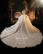 Couture Luxury Beaded Lace Wedding Dress with High Neck & Train | Princess Ball Gown Bridal Gown