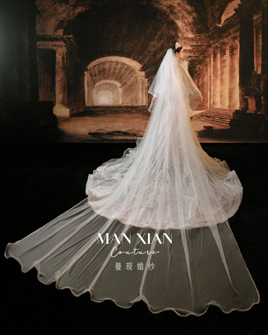 Ethereal Crystal Beaded Mermaid Wedding Dress with Cathedral Train & Statement Collar