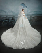 Ethereal Off-Shoulder Crystal Ball Gown Wedding Dress with Cathedral Train & Cloud Appliqués