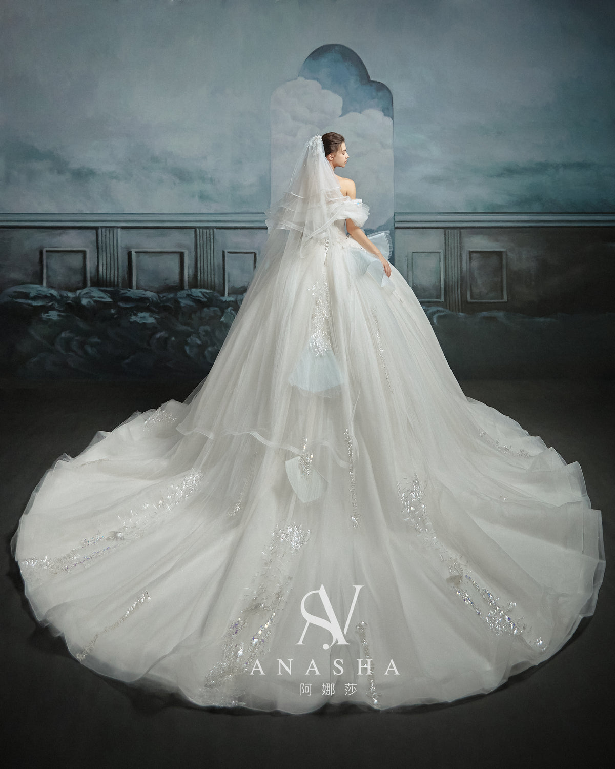 Ethereal Off-Shoulder Crystal Ball Gown Wedding Dress with Cathedral Train & Cloud Appliqués