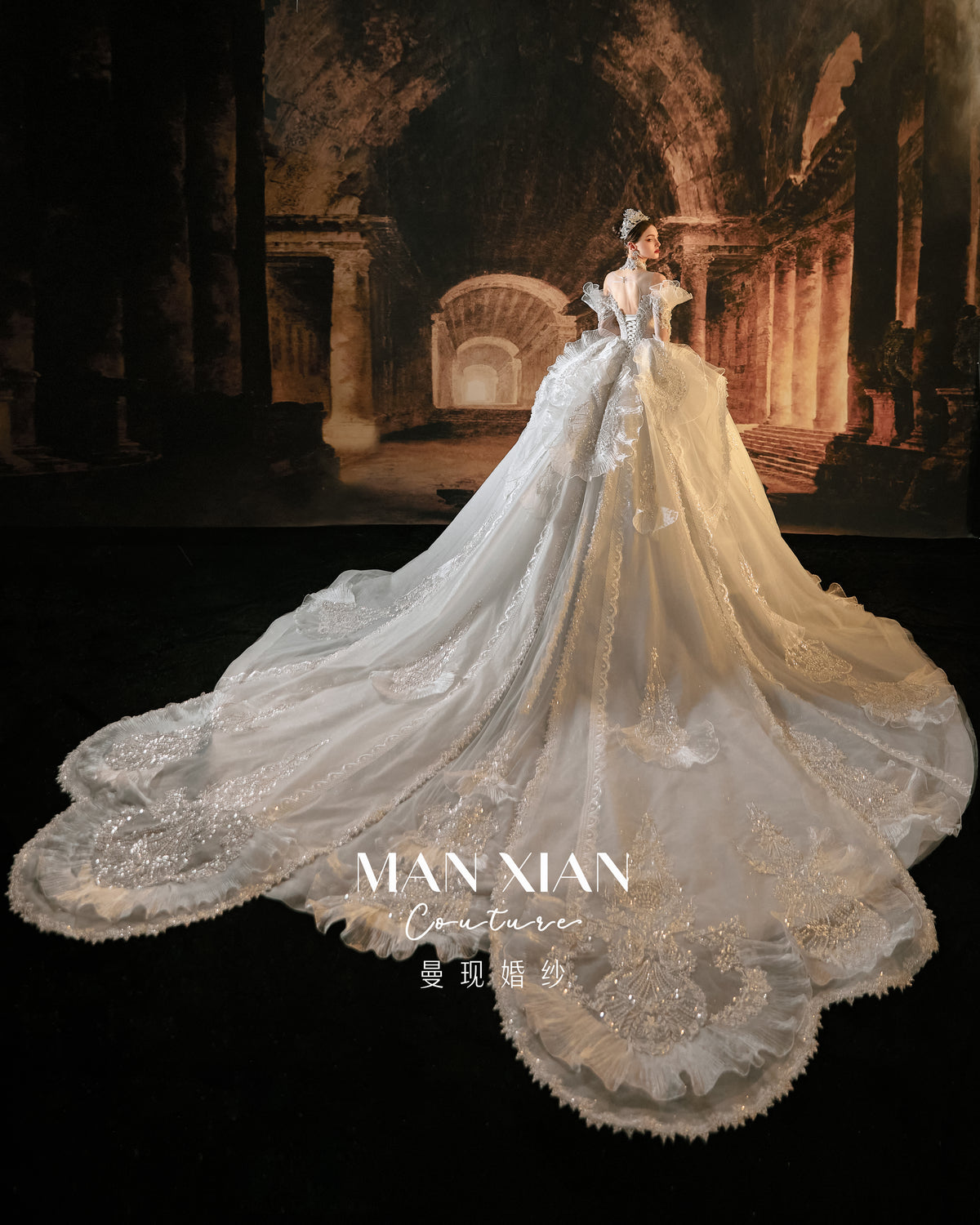 Regal Off-Shoulder Ruffled Ball Gown Wedding Dress with Cathedral Train & Crystal Beading