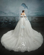 Ethereal Off-Shoulder Crystal Ball Gown Wedding Dress with Cathedral Train & Cloud Appliqués