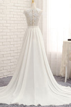 Vestido de novia largo de gasa con encaje, apliques y corte en A con abertura