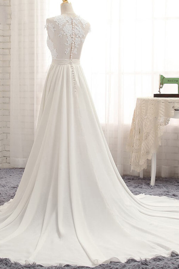 Vestido de novia largo de gasa con encaje, apliques y corte en A con abertura