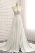 Vestido de novia largo de gasa con encaje, apliques y corte en A con abertura