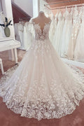 Abito da sposa lungo a linea ad A con applicazioni in pizzo e scollo a cuore in tulle