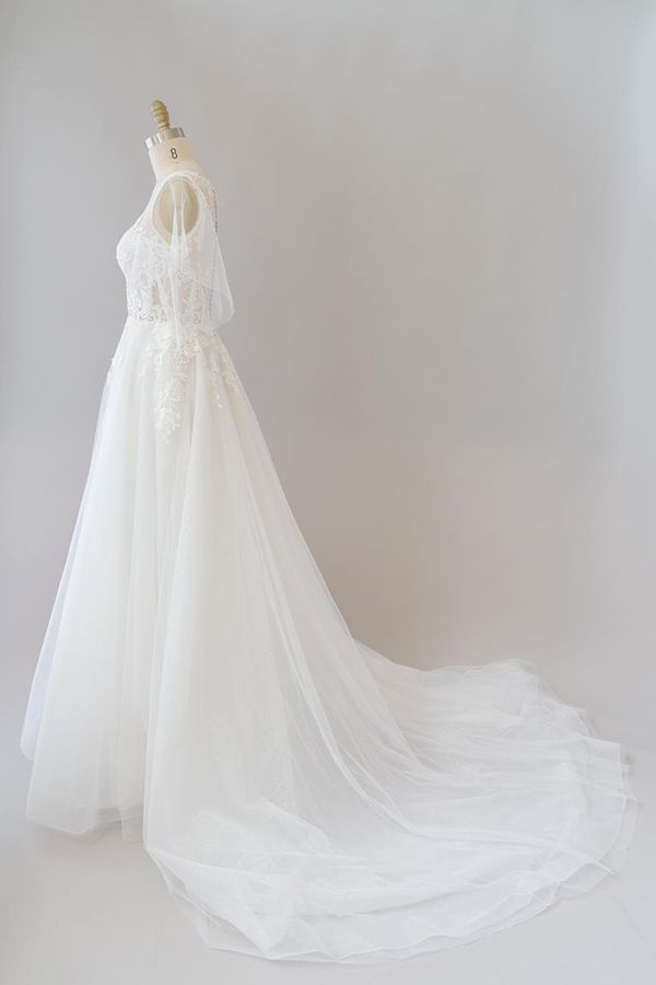 Abito da sposa lungo a linea ad A con applicazioni in pizzo e tulle con maniche
