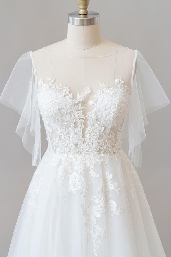 Abito da sposa lungo a linea ad A con applicazioni in pizzo e tulle con maniche