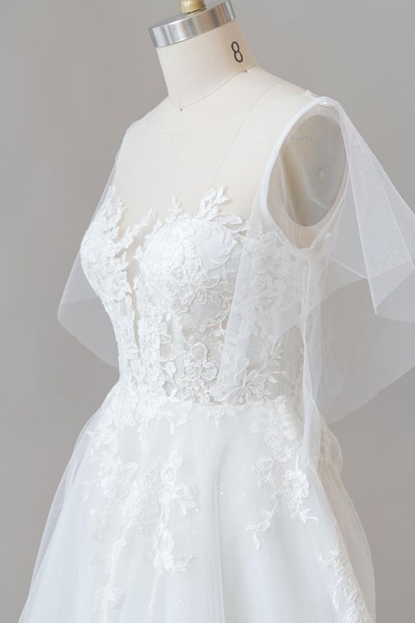 Abito da sposa lungo a linea ad A con applicazioni in pizzo e tulle con maniche