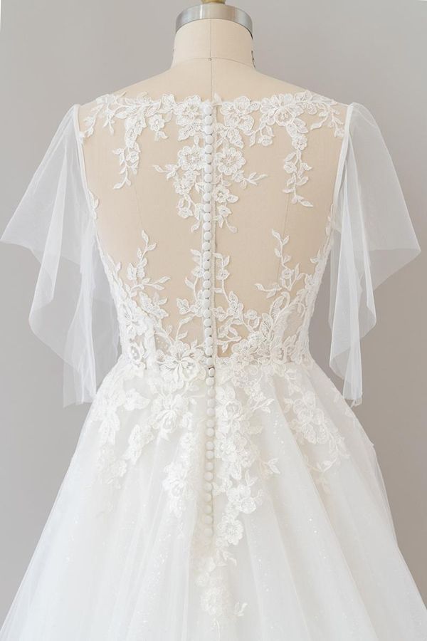 Abito da sposa lungo a linea ad A con applicazioni in pizzo e tulle con maniche