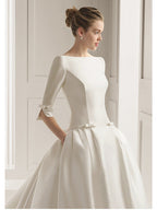 Langes A-Linien-Brautkleid mit Bateau-Ausschnitt und halblangen Ärmeln aus Polyester mit rückenfreiem Schnitt und Taschen