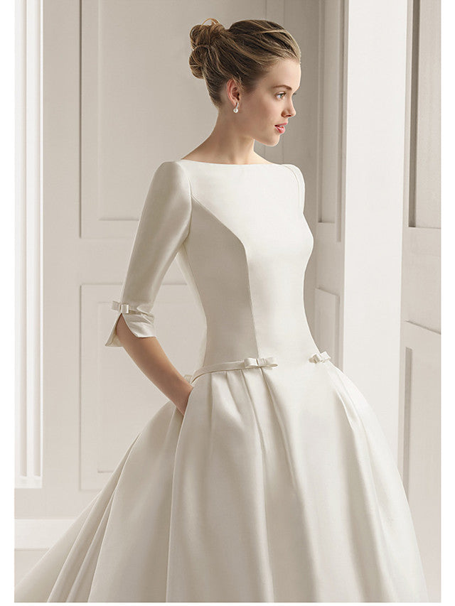 Langes A-Linien-Brautkleid mit Bateau-Ausschnitt und halblangen Ärmeln aus Polyester mit rückenfreiem Schnitt und Taschen