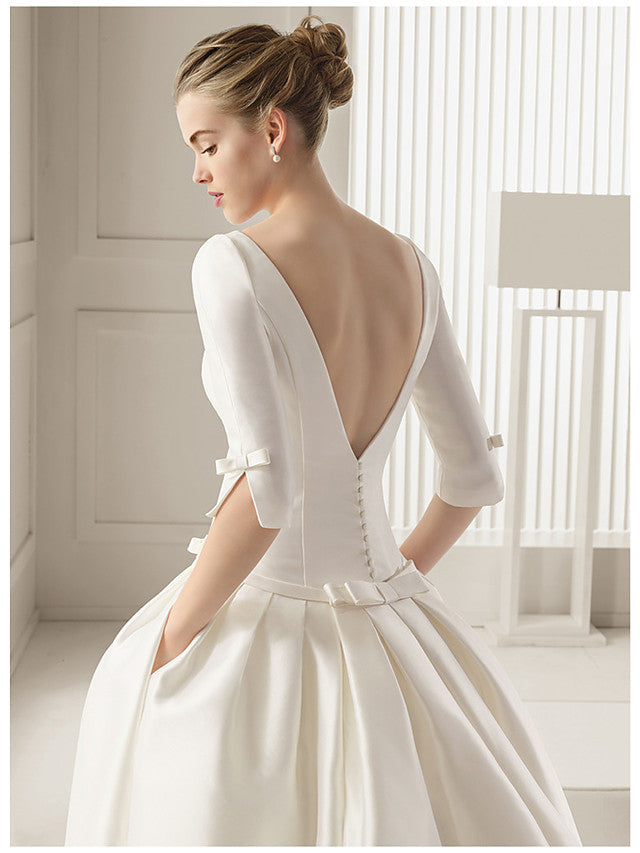 Langes A-Linien-Brautkleid mit Bateau-Ausschnitt und halblangen Ärmeln aus Polyester mit rückenfreiem Schnitt und Taschen