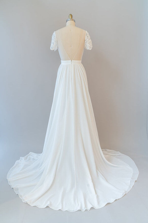 Abito da sposa lungo a linea ad A in chiffon senza schiena con maniche