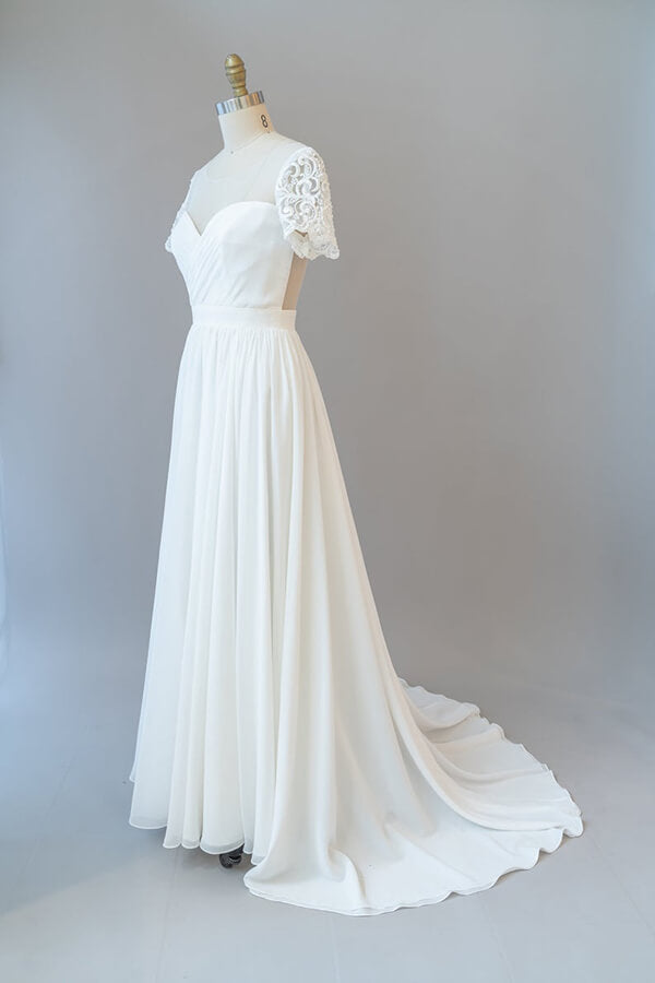 Abito da sposa lungo a linea ad A in chiffon senza schiena con maniche