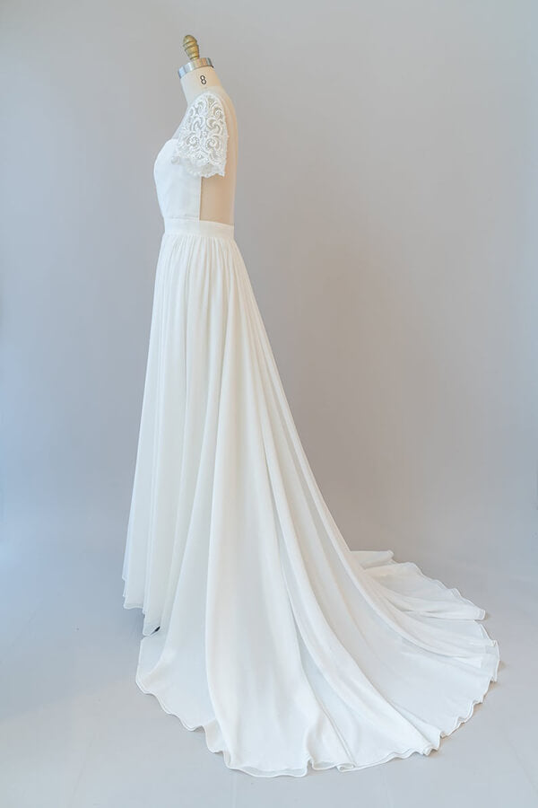 Abito da sposa lungo a linea ad A in chiffon senza schiena con maniche