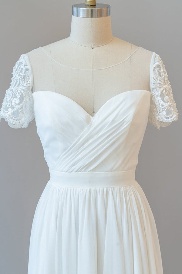 Abito da sposa lungo a linea ad A in chiffon senza schiena con maniche
