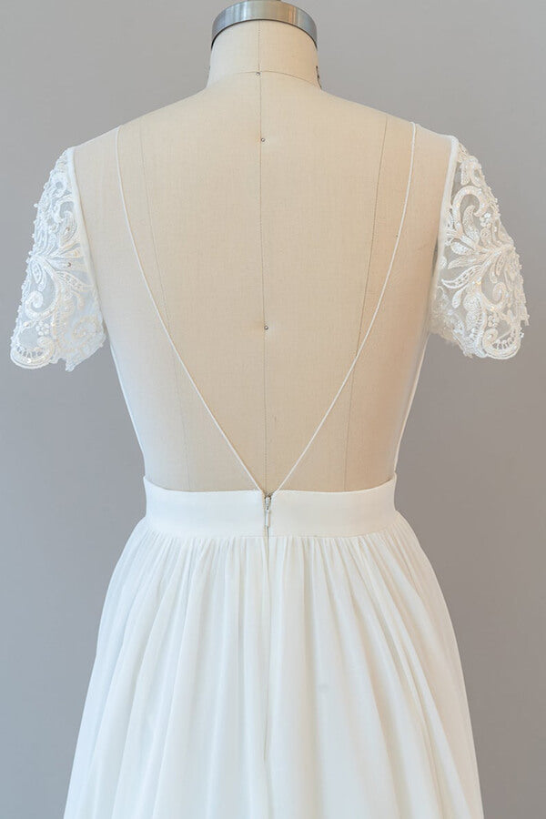 Abito da sposa lungo a linea ad A in chiffon senza schiena con maniche