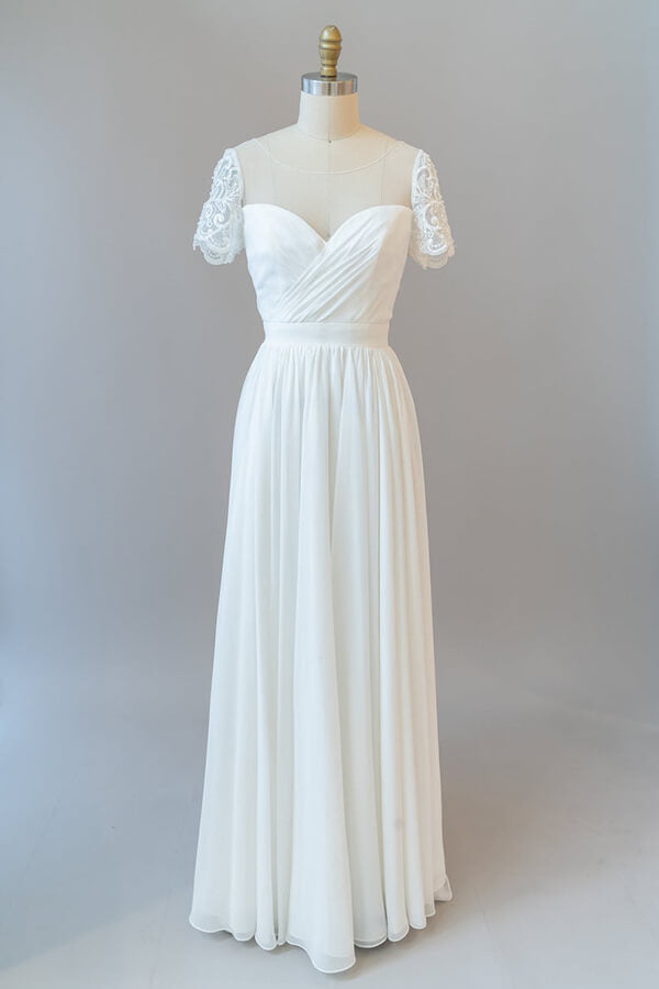 Abito da sposa lungo a linea ad A in chiffon senza schiena con maniche