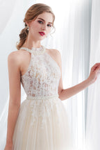Abiti da sera lunghi a linea ad A con applicazioni, pizzo e tulle con collo all'americana