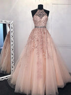 Robes de bal formelles longues en tulle avec dos nu, col licou et jupe évasée en A en dentelle