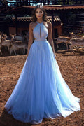 Robe de bal longue en tulle sans dos, à perles et paillettes, coupe évasée et col licou